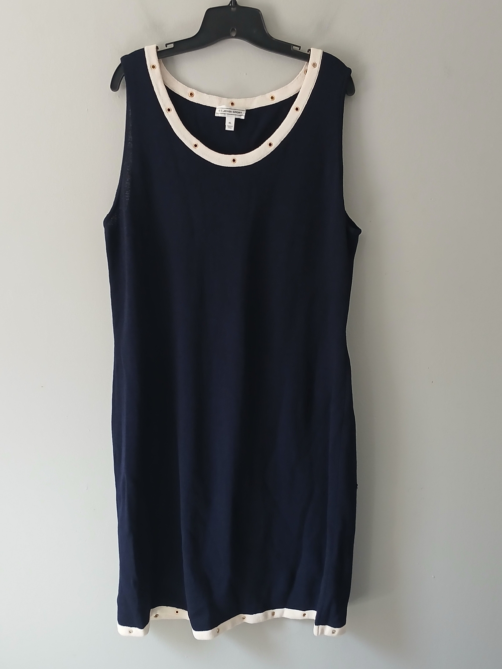 St. John Sport Women's Size XL Navy Santana Knit Midi Dress Gold Rivet Flaw